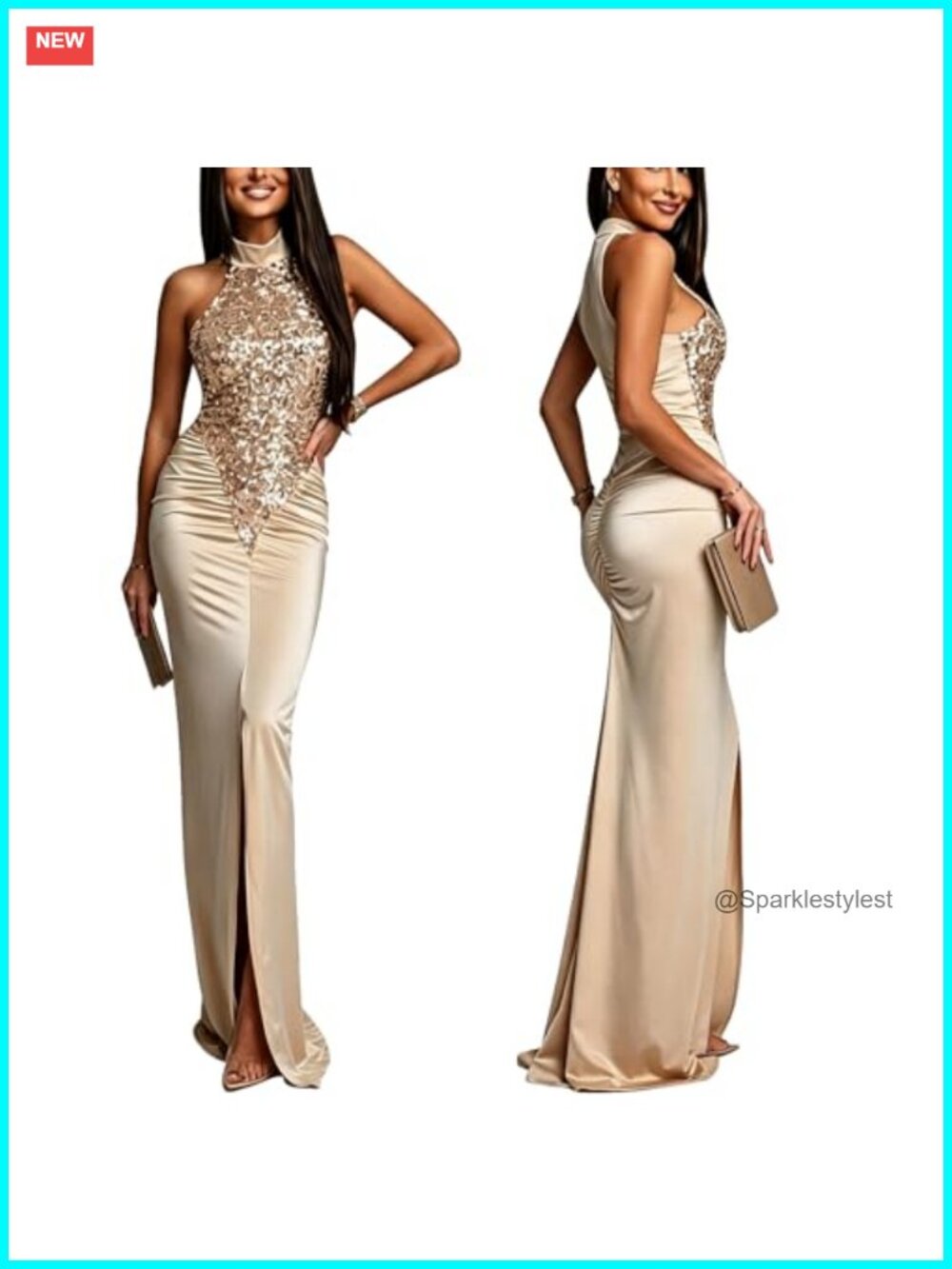 Brocade Satin Sequin Patchwork Halter Neck Bodycon High Slit Maxi Dress